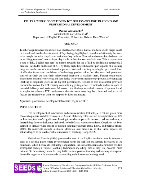 (PDF) EFL TEACHERS' COGNITION IN ICT: RELEVANCE FOR TRAINING AND ...