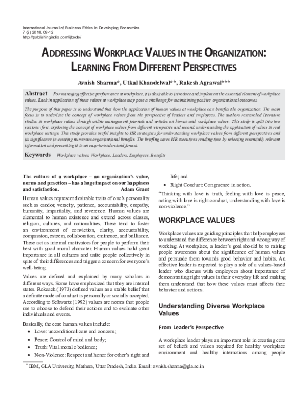 (PDF) Addressing WorkplAce VAlues in the orgAnizAtion: leArning From ...