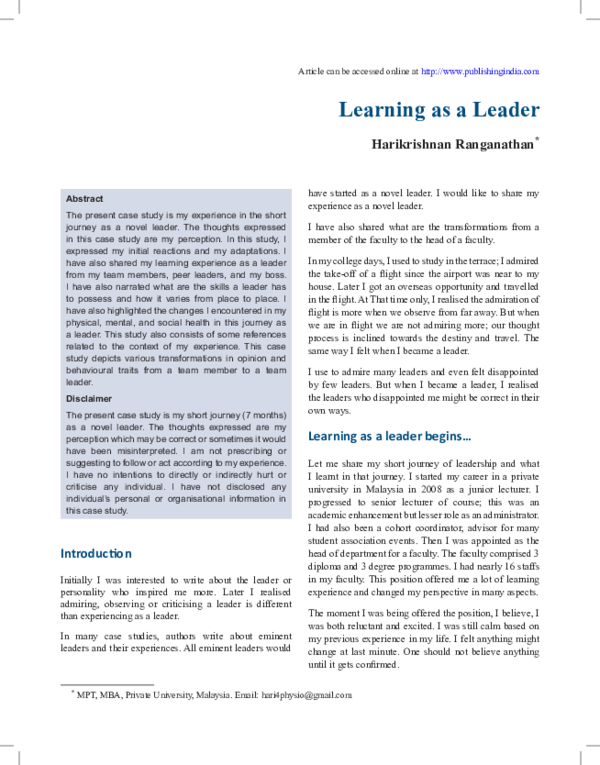(PDF) Learning as a Leader