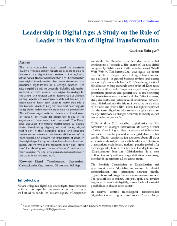 (PDF) Leadership in Digital Age: A Study on the Role of Leader in this ...