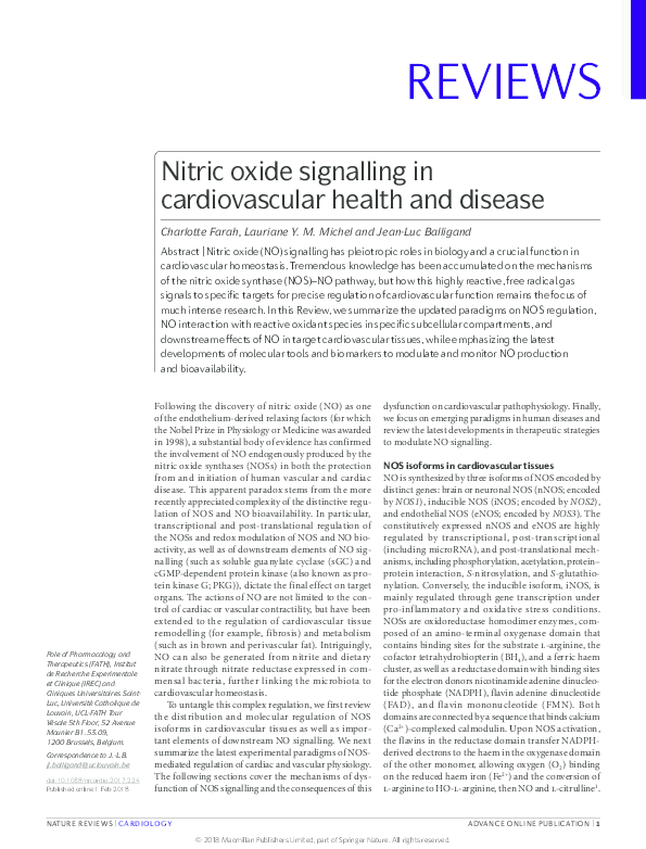 (PDF) Nitric oxide signalling in cardiovascular health and disease