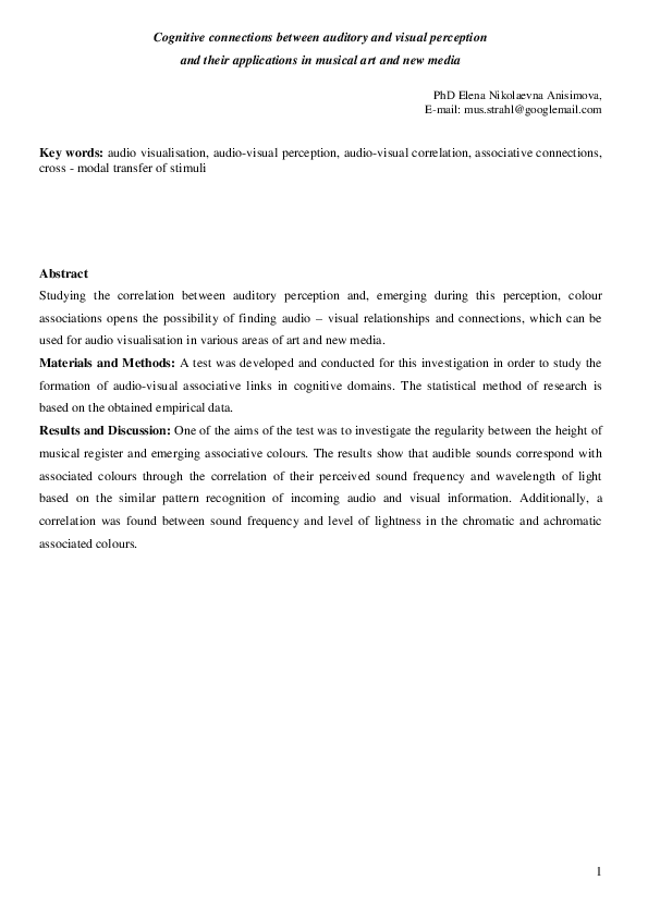 (PDF) Cognitive connections between auditory and visual perception and ...
