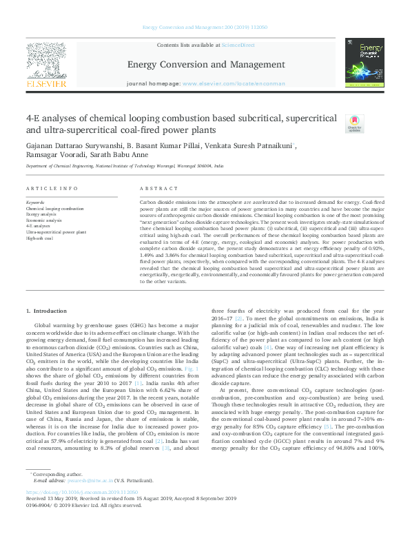 (PDF) 4-E analyses of chemical looping combustion based subcritical ...