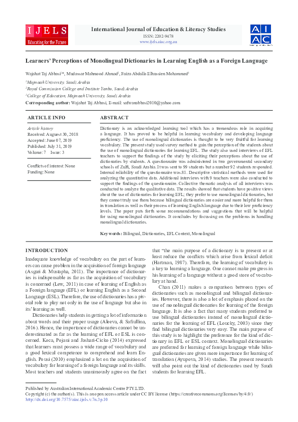 (PDF) Learners’ Perceptions of Monolingual Dictionaries in Learning