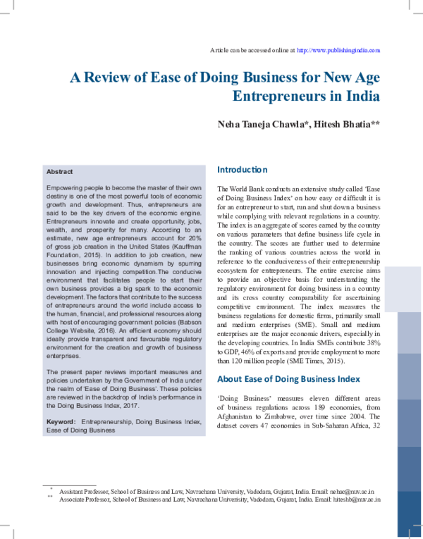 (PDF) A Review of Ease of Doing Business for New Age Entrepreneurs in India