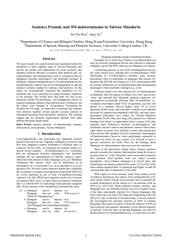 (PDF) Sentence Prosody and Wh-indeterminates in Taiwan Mandarin