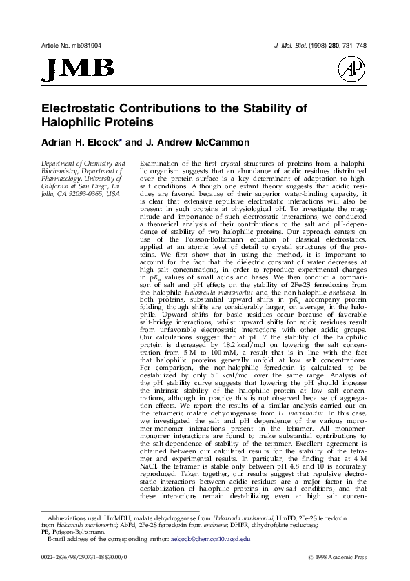 (PDF) Electrostatic Contributions to the Stability of Halophilic Proteins