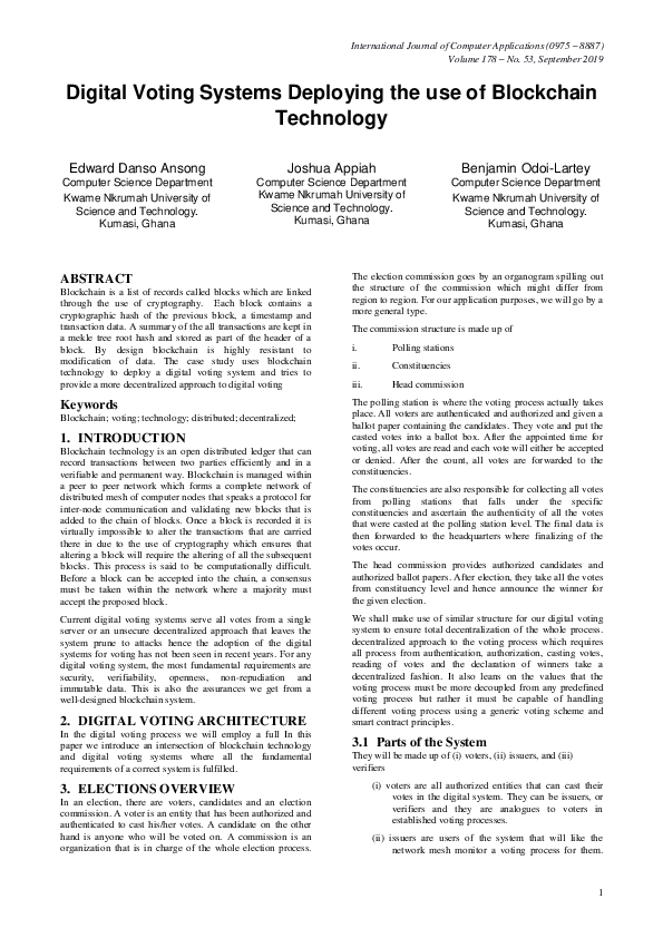 (PDF) Digital Voting Systems Deploying the use of Blockchain Technology