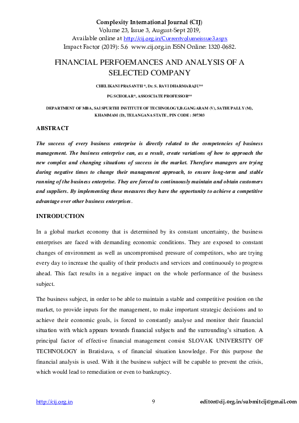 (PDF) FINANCIAL PERFOEMANCES AND ANALYSIS OF A SELECTED COMPANY