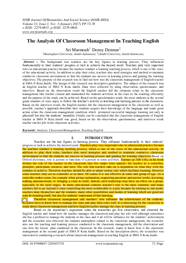 (PDF) The Analysis Of Classroom Management In Teaching English