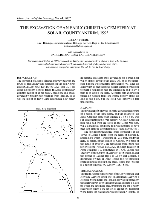The Excavation of an Early Medieval Cemetery at Solar, Co.Antrim, 1993