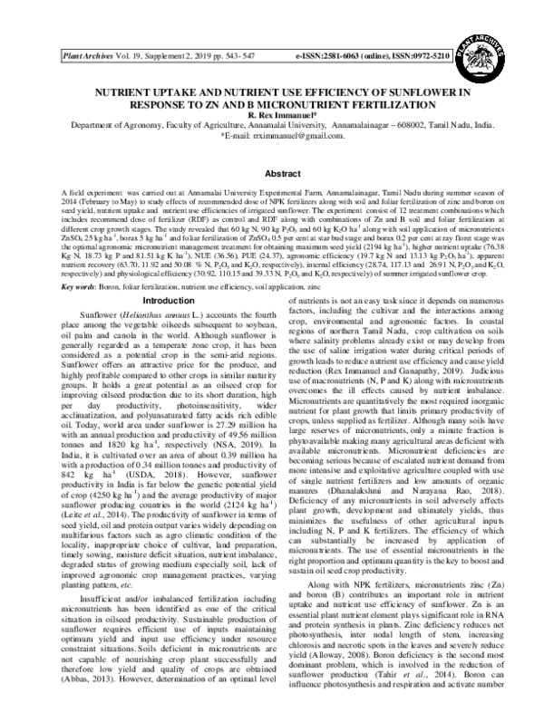 (PDF) NUTRIENT UPTAKE AND NUTRIENT USE EFFICIENCY OF SUNFLOWER IN ...