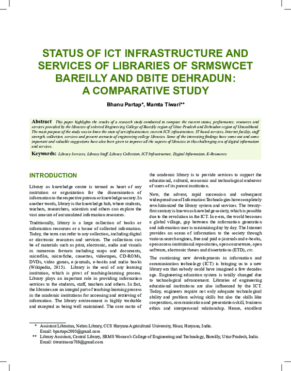 (PDF) STATUS OF ICT INFRASTRUCTURE AND SERVICES OF LIBRARIES OF ...