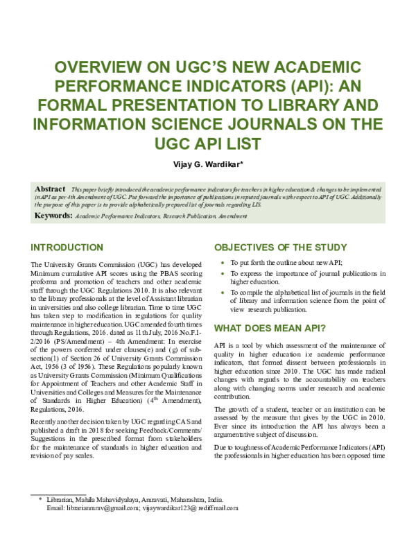 (PDF) Overview On UGC's new ACAdemiC PerfOrmAnCe indiCAtOrs (APi) An
