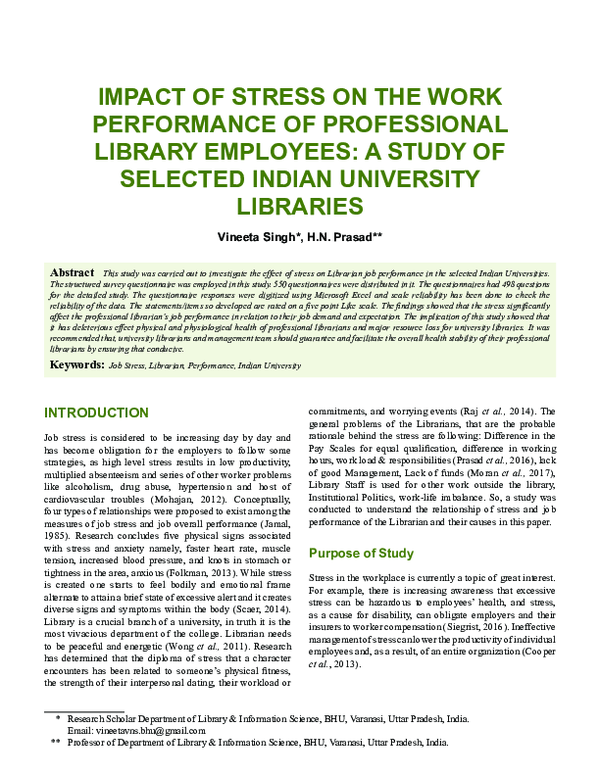 (PDF) IMPACT OF STRESS ON THE WORK PERFORMANCE OF PROFESSIONAL LIBRARY ...