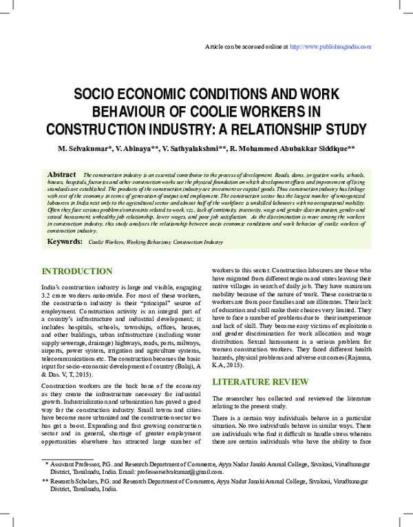 (PDF) SOCIO ECONOMIC CONDITIONS AND WORK BEHAVIOUR OF COOLIE WORKERS IN ...