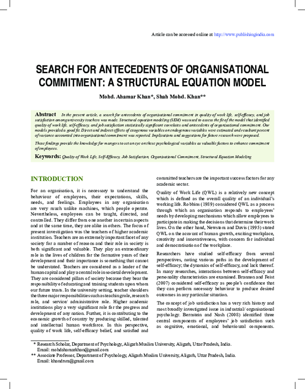 (PDF) SEARCH FOR ANTECEDENTS OF ORGANISATIONAL COMMITMENT: A STRUCTURAL ...