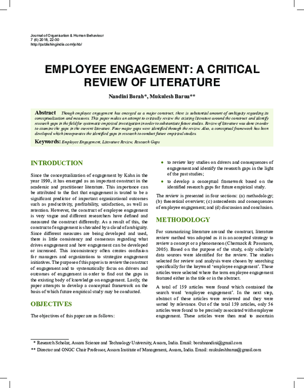 (PDF) INTRODUCTION EMPLOYEE ENGAGEMENT: A CRITICAL REVIEW OF LITERATURE