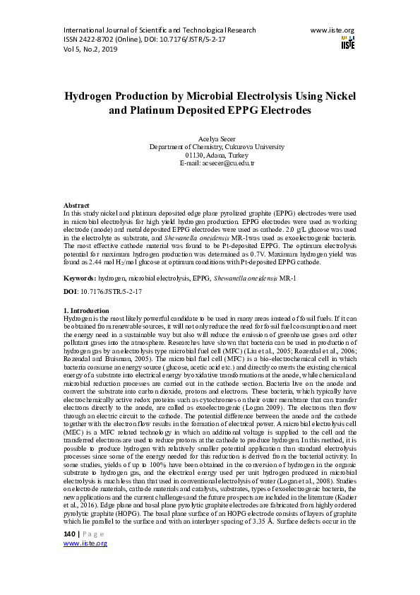(PDF) Hydrogen Production by Microbial Electrolysis Using Nickel and
