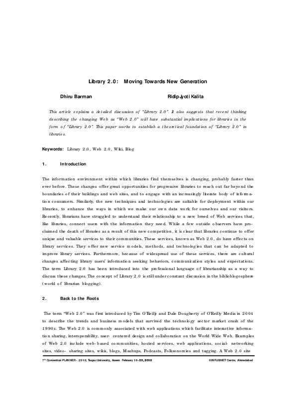 (PDF) Library 2.0: Moving Towards New Generation