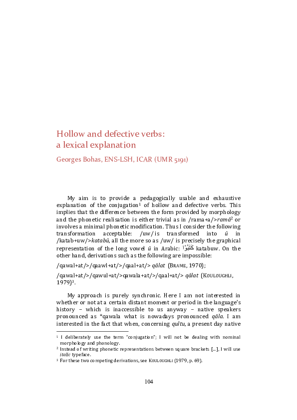 (PDF) Hollow and defective verbs: a lexical explanation