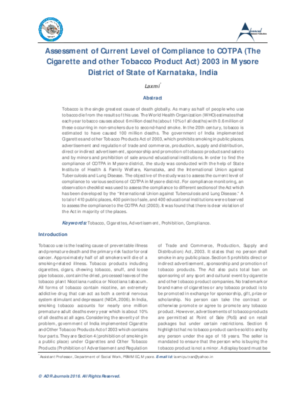 (PDF) Assessment of Current Level of Compliance to COTPA (The Cigarette