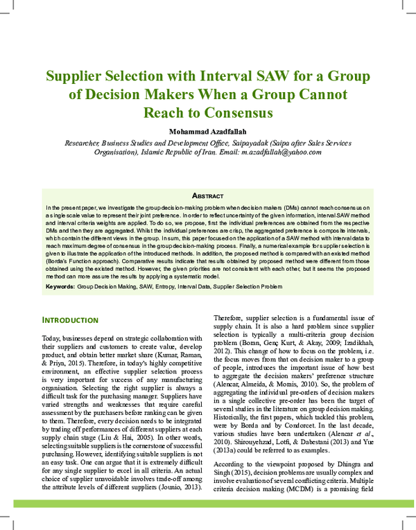 (PDF) Supplier Selection with Interval SAW for a Group of Decision ...
