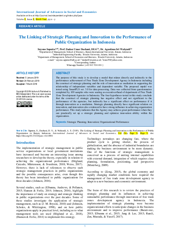 (DOC) The Linking of Strategic Planning and Innovation to the ...
