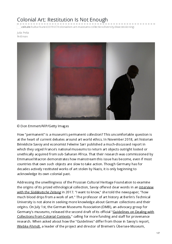 (PDF) Colonial Art Restitution Is Not Enough Jules Pelta Feldman