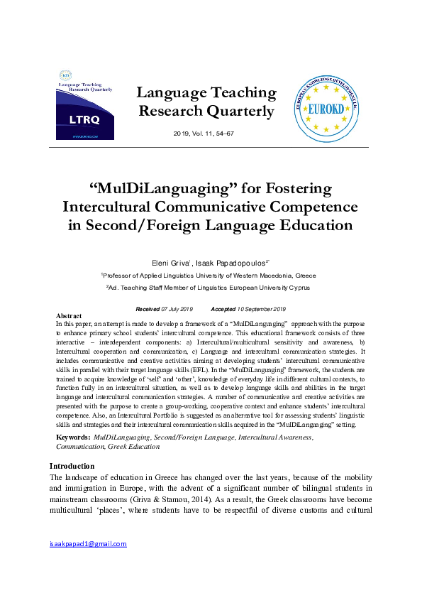 (PDF) "MulDiLanguaging" for fostering intercultural communicative ...