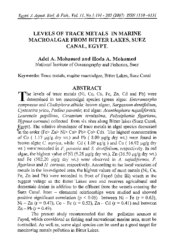 (PDF) LEVELS OF TRACE METALS IN MARINE MACRO ALGAE FROM BITTER LAKES ...