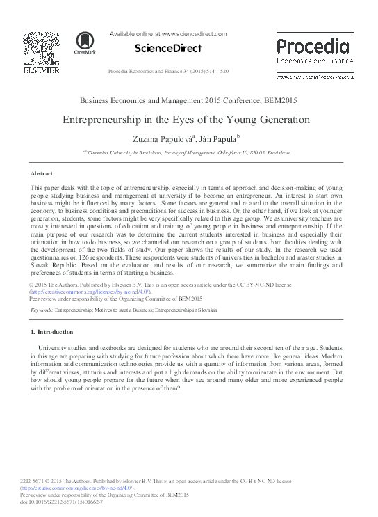 (PDF) Entrepreneurship in the Eyes of the Young Generation