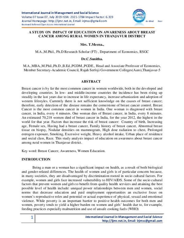 (PDF) A STUDY ON IMPACT OF EDUCATION ON AWARENESS ABOUT BREAST CANCER ...