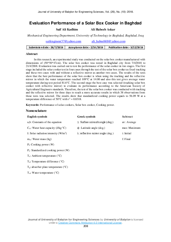 (PDF) Evaluation Performance of a Solar Box Cooker in Baghdad
