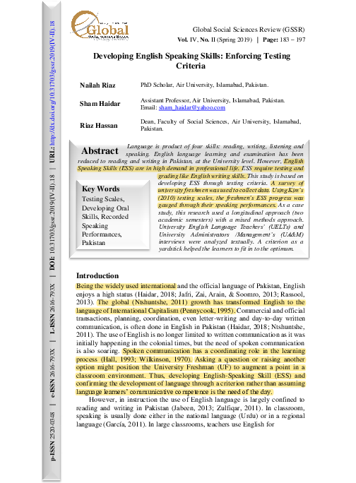 (PDF) Developing English Speaking Skills: Enforcing Testing Criteria