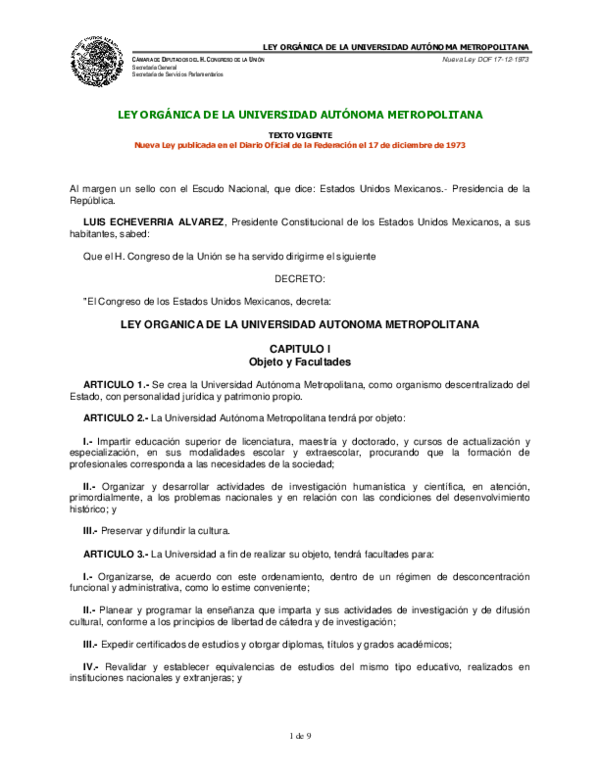 (PDF) LEY ORGÁNICA DE LA UNIVERSIDAD AUTÓNOMA METROPOLITANA LEY ORGÁNICA DE LA UNIVERSIDAD
