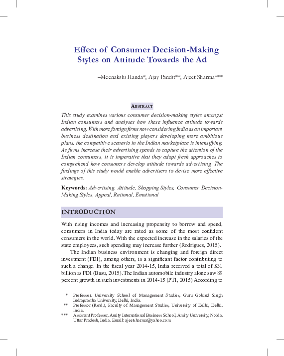 (PDF) Effect of Consumer Decision-Making Styles on Attitude Towards the Ad