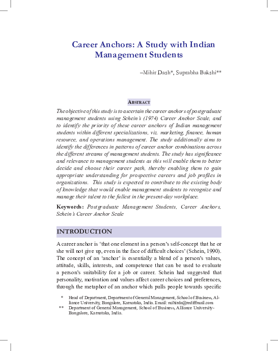 (PDF) Career Anchors: A Study with Indian Management Students