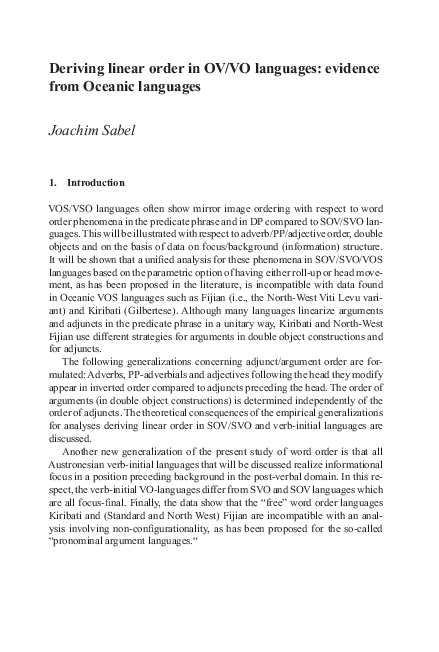 (PDF) Deriving linear order in OV/VO languages: evidence from Oceanic ...