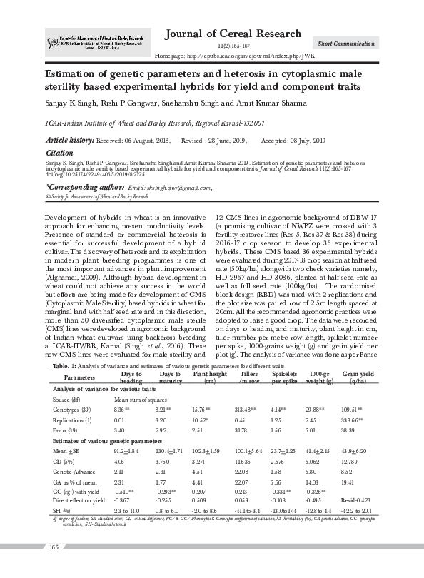 (PDF) Estimation of parameters and heterosis in cytoplasmic male sterility based