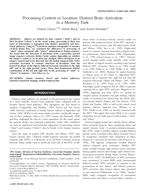 (PDF) Processing content or location: Distinct brain activation in a ...