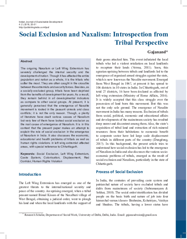 (PDF) Social Exclusion and Naxalism: Introspection from Tribal Perspective