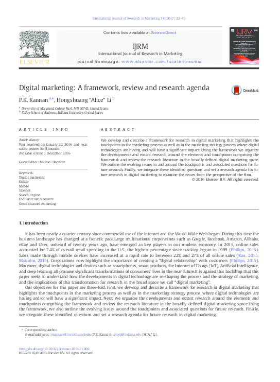 Digital Marketing: Sebuah Tinjauan Kerangka Kerja dan Agenda Penelitian
