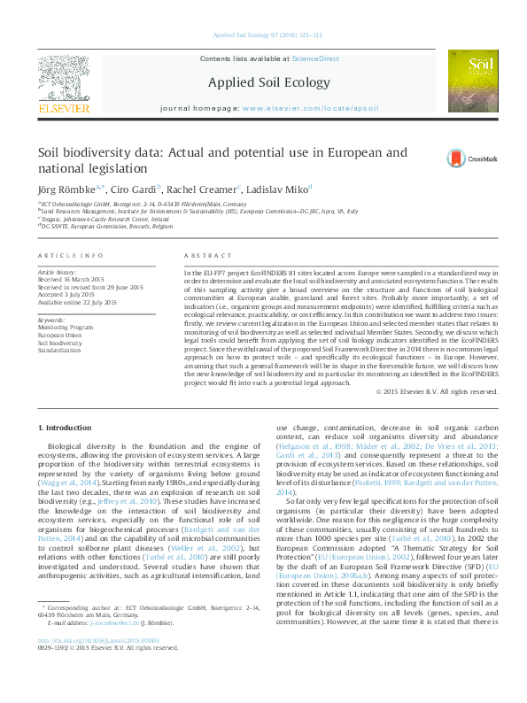 (PDF) Soil biodiversity data: Actual and potential use in European and ...