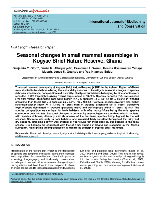 (PDF) International Journal of Biodiversity and Conservation Seasonal