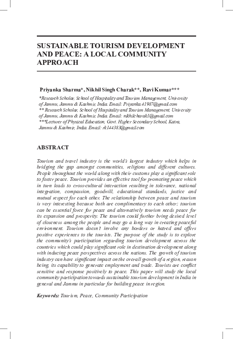 (PDF) SUSTAINABLE TOURISM DEVELOPMENT AND PEACE: A LOCAL COMMUNITY APPROACH