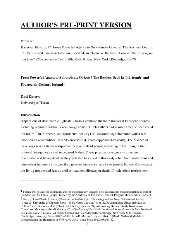From Powerful Agents to Subordinate Objects? The Restless Dead in 13th and 14th-Century Iceland