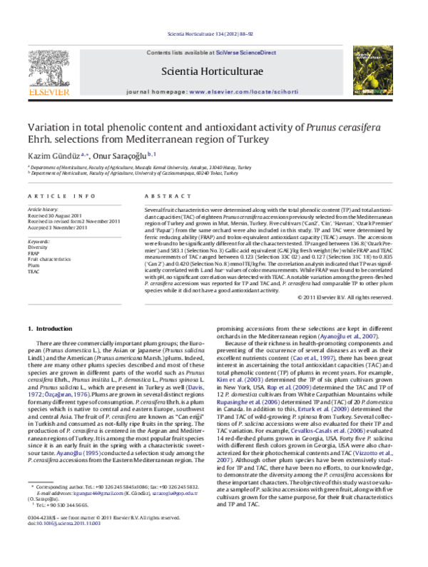 First page of “Variation in total phenolic content and antioxidant activity of Prunus cerasifera Ehrh. selections from Mediterranean region of Turkey”