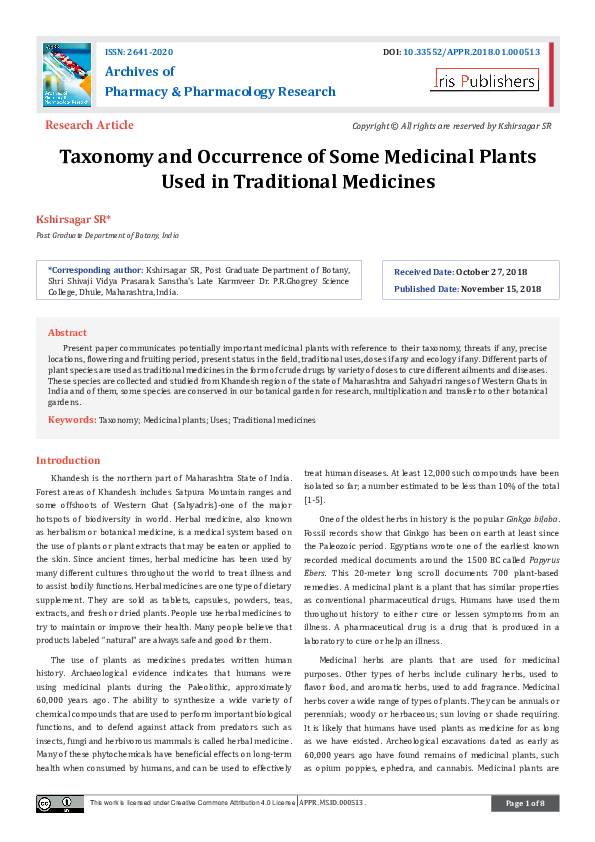 (PDF) Taxonomy and Occurrence of Some Medicinal Plants Used in ...