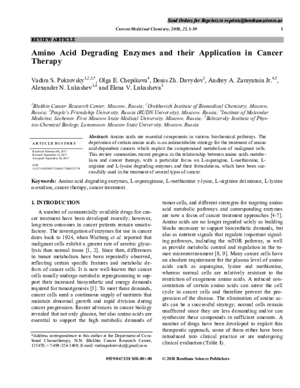 (PDF) Send Orders for Reprints to reprintsbenthamscience.ae Amino Acid